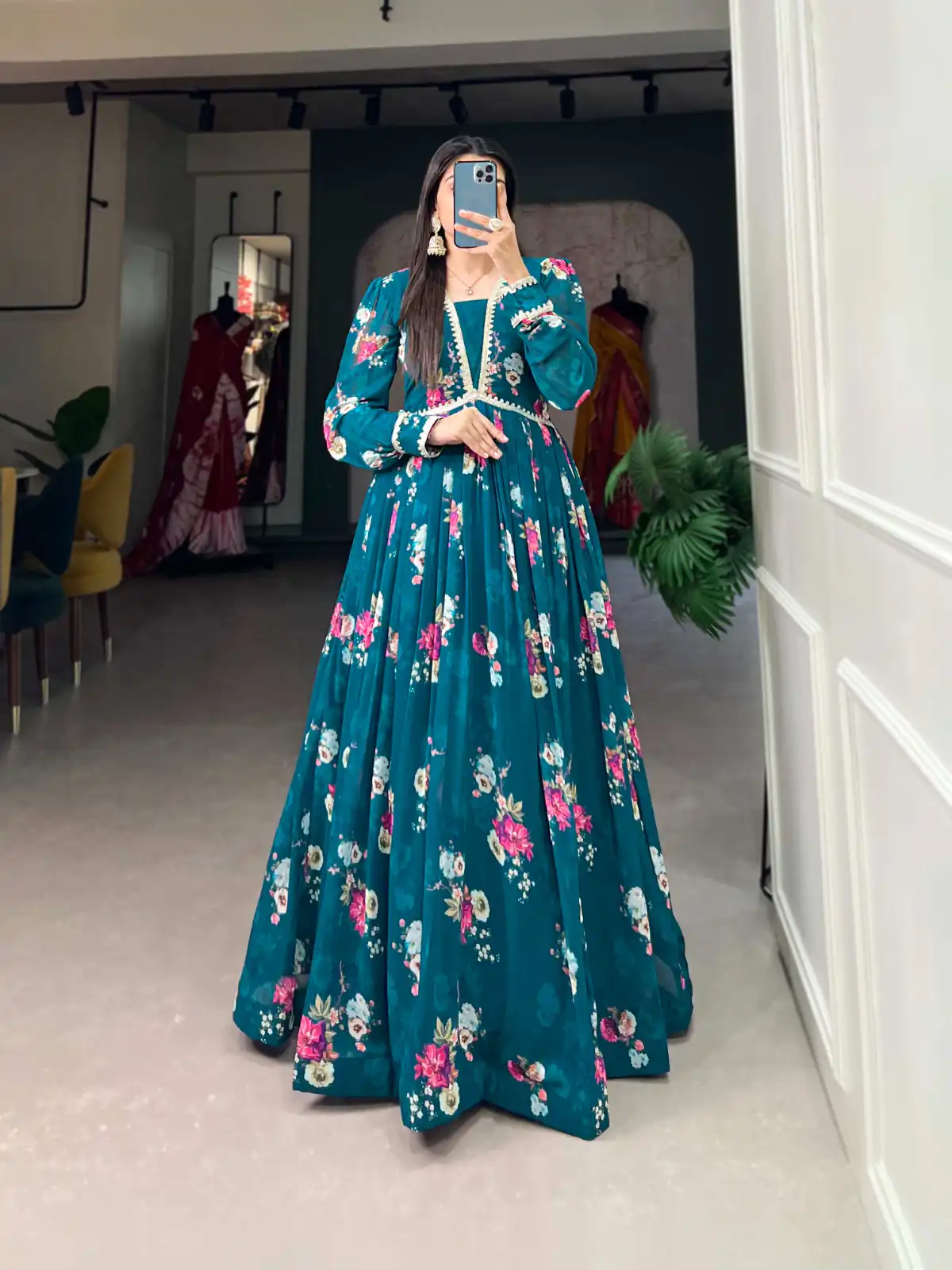  YNF 5029 Pine Green Color Exquisite Floral Georgette Printed Gown Casual, Wedding, Party, Festive, Events Etc. Expected Delivery 4-6 Working Days @1749/- | Gowns, Bollywood Gowns, Creative Gowns, Designer Gowns, Embroidered Gowns, Party Wear Gowns