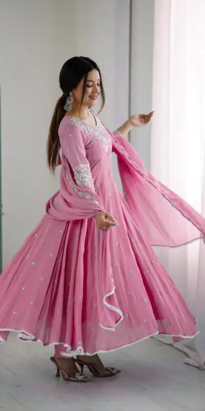 ZF 5012 Pink Blooming Faux Gown with Embroidery Work. Wedding, Party, Festive, Events Grab it for ₹2149. Delivery 4-6 Working Days. Shop now. | Lehenga, Bollywood Lehenga, Creative Lehenga, Designer Lehenga, Embroidered Lehenga, Party Wear Lehenga