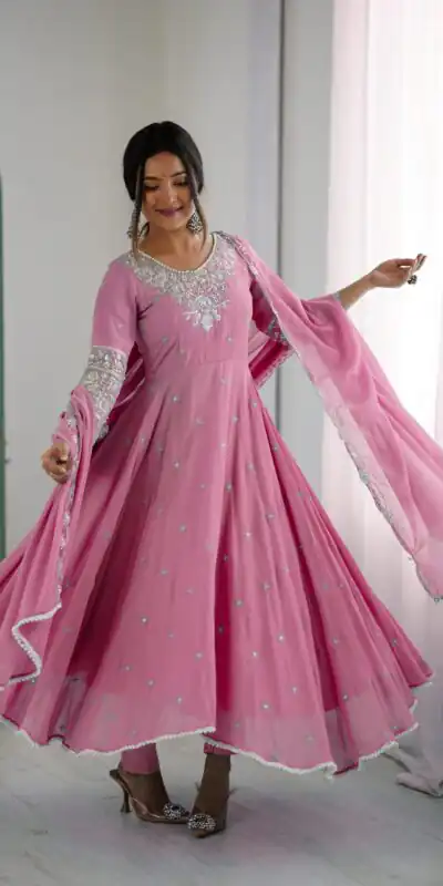 ZF 5012 Pink Blooming Faux Gown with Embroidery Work. Wedding, Party, Festive, Events Grab it for ₹2149. Delivery 4-6 Working Days. Shop now. | Lehenga, Bollywood Lehenga, Creative Lehenga, Designer Lehenga, Embroidered Lehenga, Party Wear Lehenga