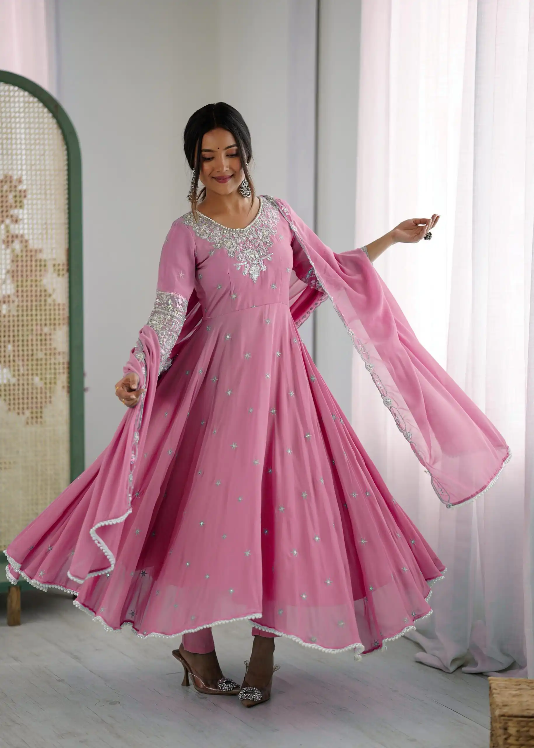 ZF 5012 Pink Blooming Faux Gown with Embroidery Work. Wedding, Party, Festive, Events Grab it for ₹2149. Delivery 4-6 Working Days. Shop now. | Lehenga, Bollywood Lehenga, Creative Lehenga, Designer Lehenga, Embroidered Lehenga, Party Wear Lehenga