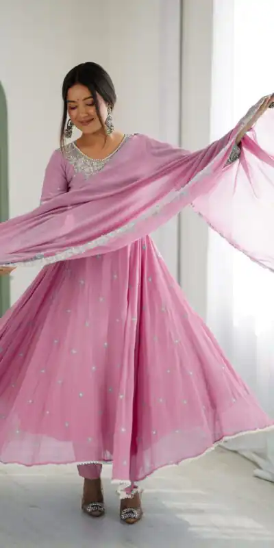 ZF 5012 Pink Blooming Faux Gown with Embroidery Work. Wedding, Party, Festive, Events Grab it for ₹2149. Delivery 4-6 Working Days. Shop now. | Lehenga, Bollywood Lehenga, Creative Lehenga, Designer Lehenga, Embroidered Lehenga, Party Wear Lehenga