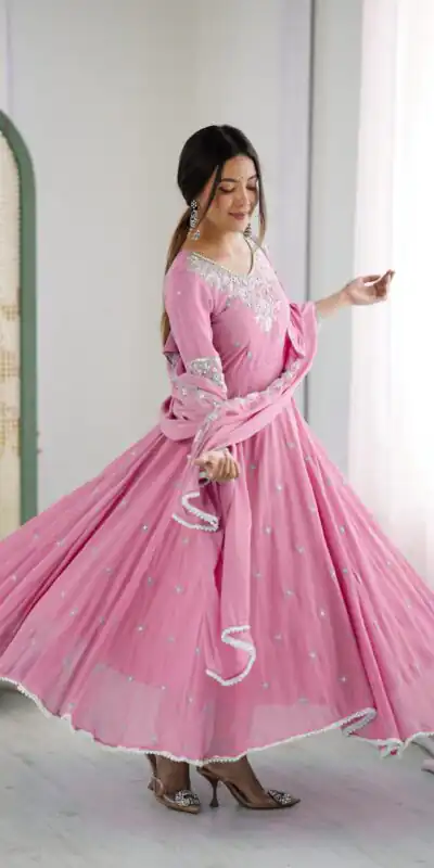 ZF 5012 Pink Blooming Faux Gown with Embroidery Work. Wedding, Party, Festive, Events Grab it for ₹2149. Delivery 4-6 Working Days. Shop now. | Lehenga, Bollywood Lehenga, Creative Lehenga, Designer Lehenga, Embroidered Lehenga, Party Wear Lehenga