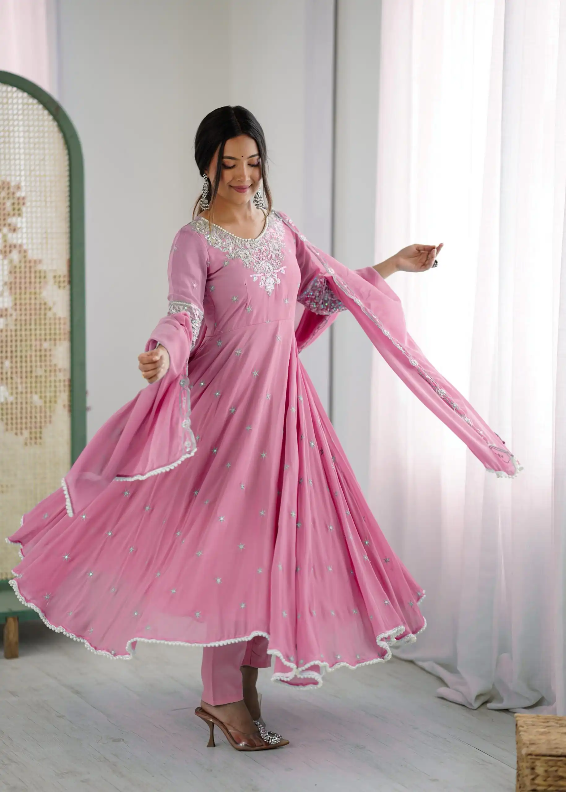 ZF 5012 Pink Blooming Faux Gown with Embroidery Work. Wedding, Party, Festive, Events Grab it for ₹2149. Delivery 4-6 Working Days. Shop now. | Lehenga, Bollywood Lehenga, Creative Lehenga, Designer Lehenga, Embroidered Lehenga, Party Wear Lehenga