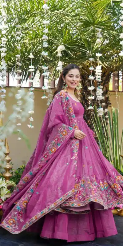NSR 880 Purple Crunchy Silk Gown with Embroidery Work. Wedding, Party, Festive, Events Grab it for ₹2249. Delivery 4-6 Working Days. Shop now. | Gowns, Bollywood Gowns, Creative Gowns, Designer Gowns, Embroidered Gowns, Party Wear Gowns