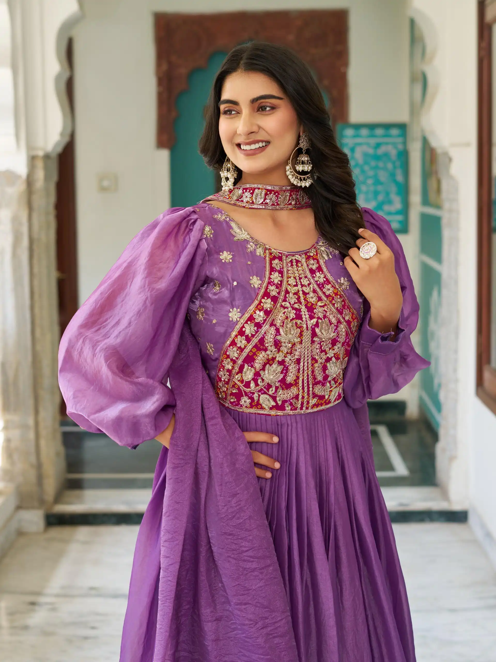 Purple Fendy Silk Embroidery Work Gown - Image 4