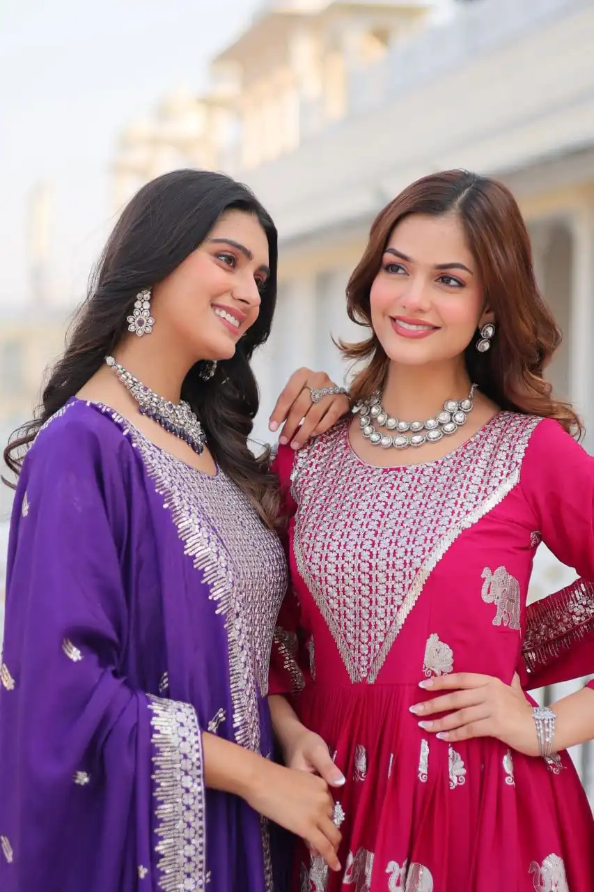 Ram 062 Purple Fox Georgette Gown Perfect for Wedding, Party, Family Gatherings, Durga Puja, Eid – . Festive Deal ₹1799. Delivery 4-6 Working Days. Shop no | Gowns, Bollywood Gowns, Creative Gowns, Designer Gowns, Embroidered Gowns, Party Wear Gowns