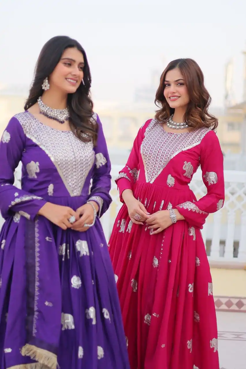 Ram 062 Purple Fox Georgette Gown Perfect for Wedding, Party, Family Gatherings, Durga Puja, Eid – . Festive Deal ₹1799. Delivery 4-6 Working Days. Shop no | Gowns, Bollywood Gowns, Creative Gowns, Designer Gowns, Embroidered Gowns, Party Wear Gowns