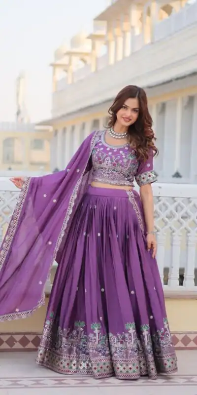 Ram 064 Purple Pure Chinon Lehenga Choli with Embroidery Work. Introductory Price ₹3049. Delivery 4-6 Working Days. Shop now. | Lehenga, Bollywood Lehenga, Creative Lehenga, Designer Lehenga, Embroidered Lehenga, Party Wear Lehenga
