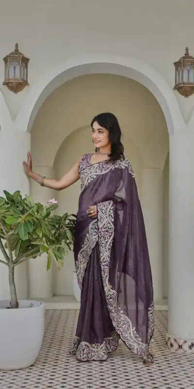 Alternative view of Purple Silver Crunchy Embroidery Work Saree