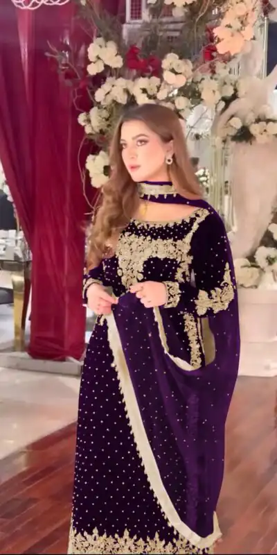 Alternative view of Purple Viscose Velvet Lace Embroidery Work Salwar Suit