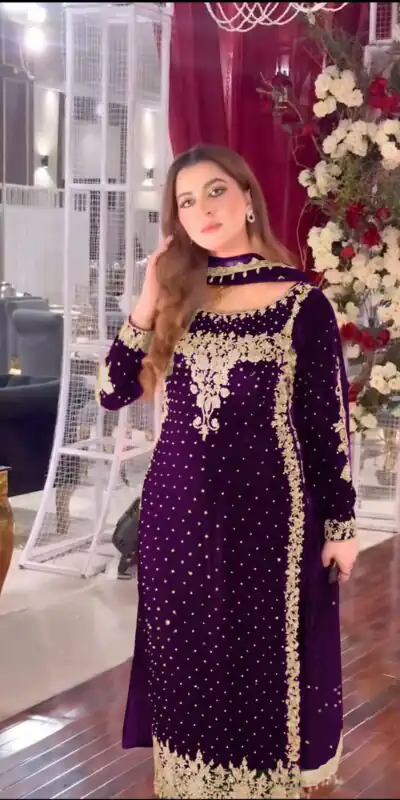 Purple Viscose Velvet Lace Embroidery Work Salwar Suit