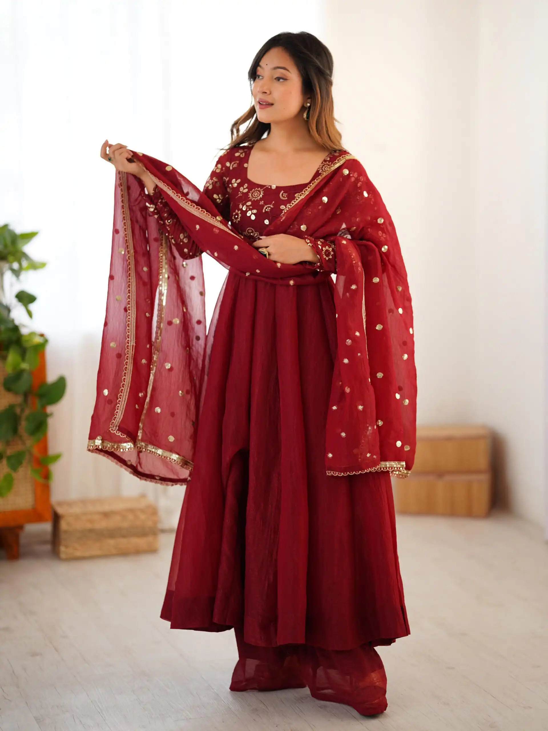 Red Crunchy Silk Embroidery Lace Work Gown - Image 2