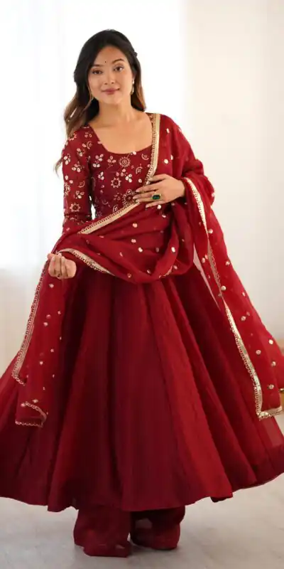 SRK 5290 Red Crunchy Silk Gown Perfect for Wedding, Party, Pongal, Traditional Day, Reception β . Get it for βΉ1999. Delivery 4-6 Working Days. Shop now. | Gowns, Bollywood Gowns, Creative Gowns, Designer Gowns, Embroidered Gowns, Party Wear Gowns