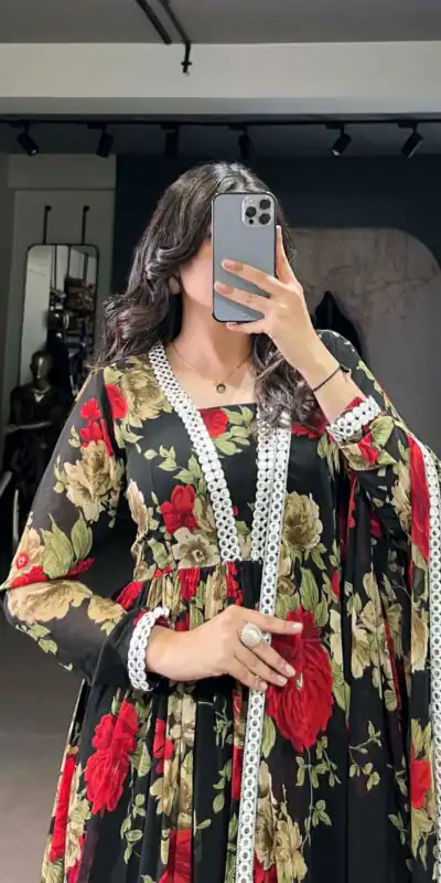 YNF 5040 Red Color Georgette Floral Printed Paper Mirror Lace Gown Casual, Wedding, Party, Festive, Events Etc. Expected Delivery 4-6 Working Days @1899/- | Gowns, Bollywood Gowns, Creative Gowns, Designer Gowns, Embroidered Gowns, Party Wear Gowns