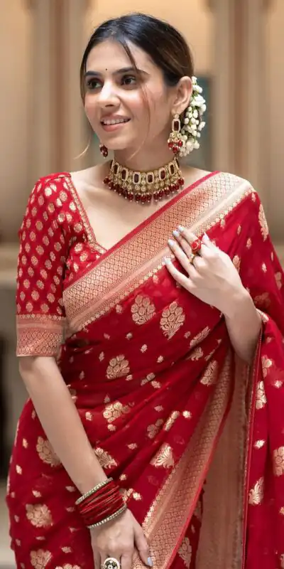 Alternative view of Red Soft Lichi Silk Jacquard Work Saree