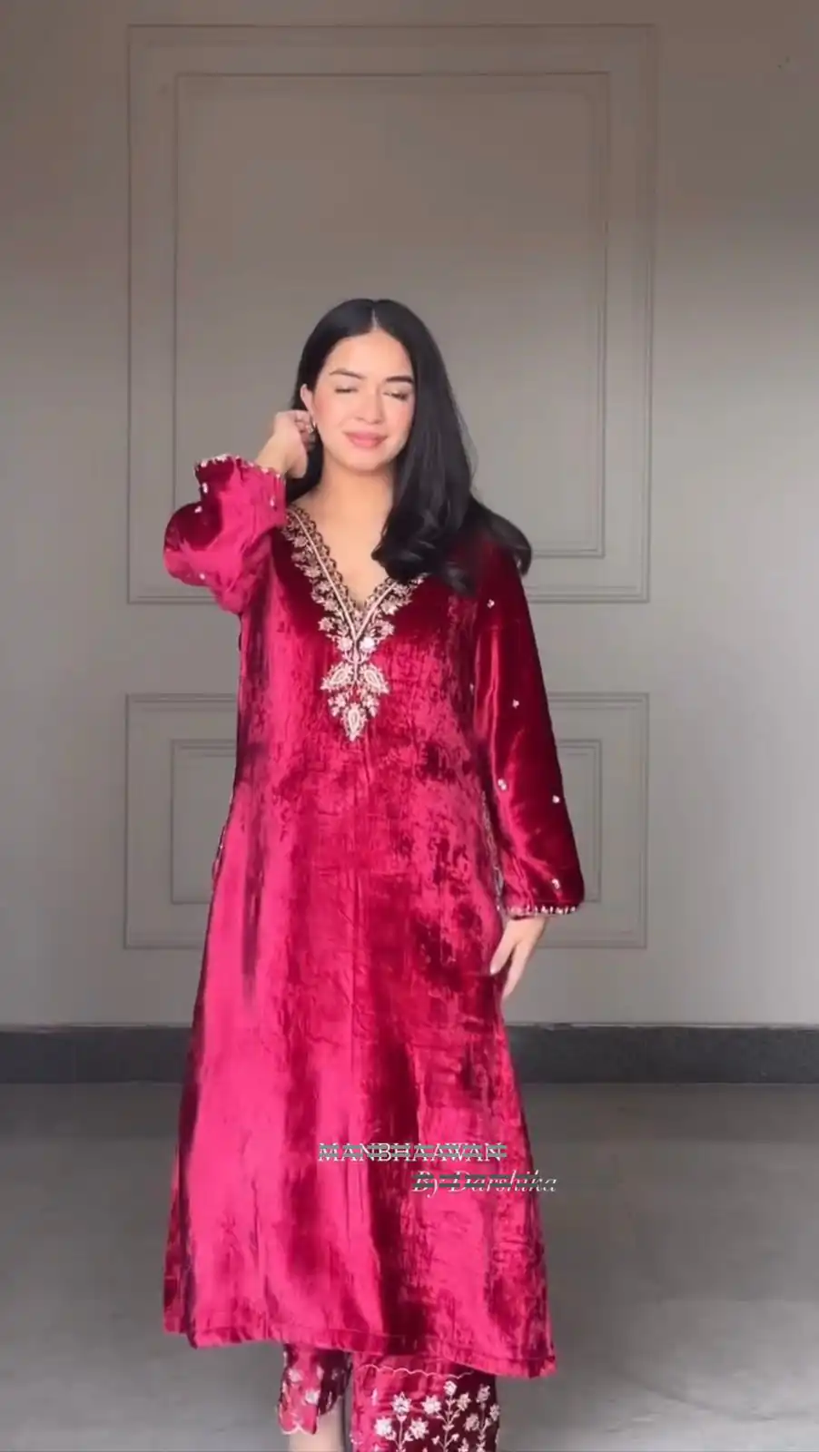 Red Velvet Embroidery Lace Work Salwar Suit