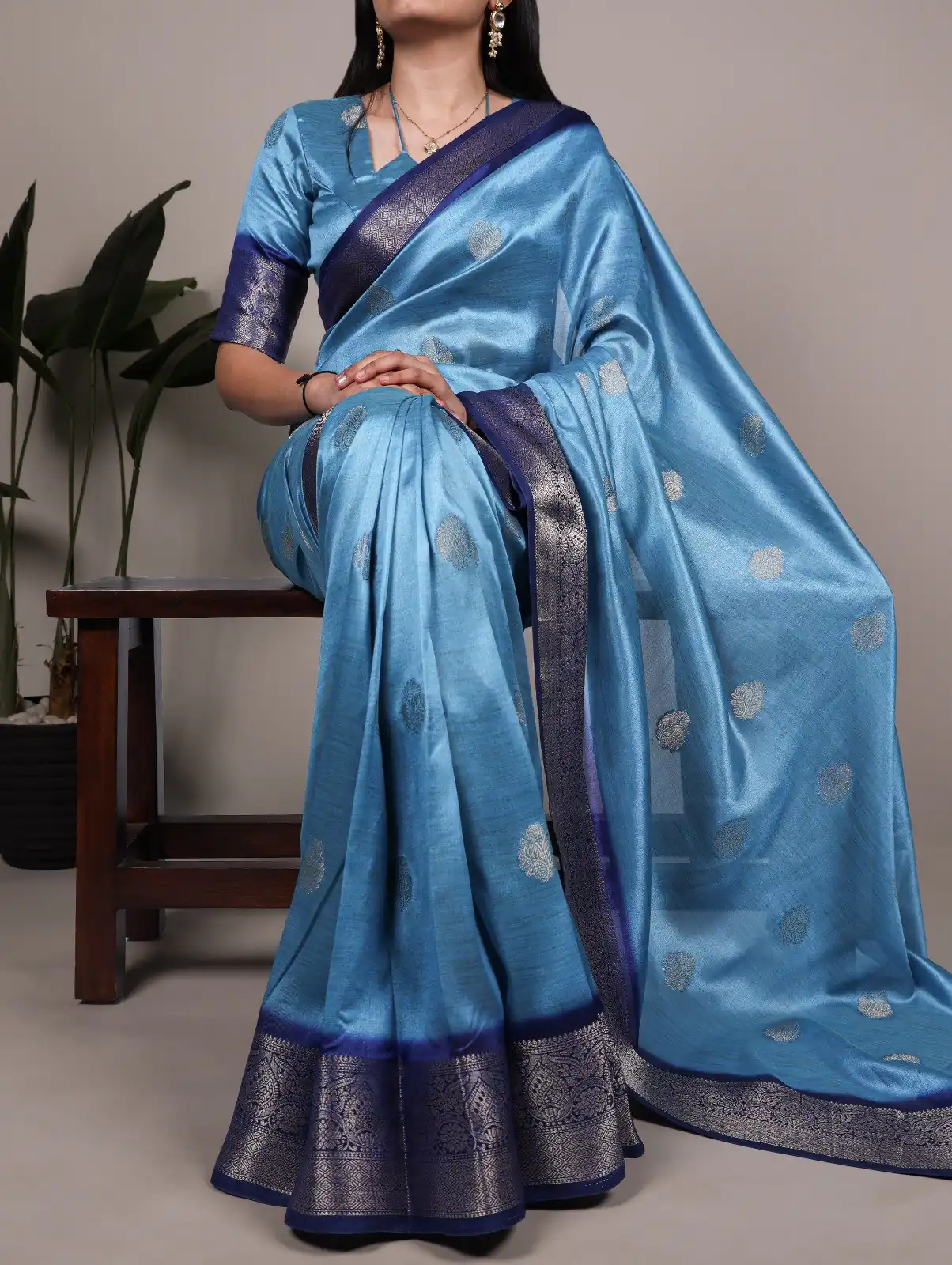 Sky Blue Rumali Silk Zari Work Saree