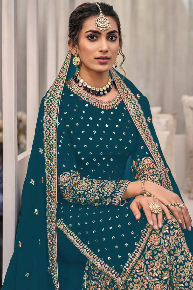 FC 1448 Teal Georgette Salwar Suit with Embroidery Work & Lace Work. Exclusive Offer ₹2599. Delivery 4-6 Working Days. Shop now. | Jump Suits, Tops & Bottoms, Track Suits, Salwar suit, Casual Suits, Creative suits, Designer Suits, Palazzo Suits, Party Wear Suits, Patiala Suits, Straight Suits, Trendy Wear