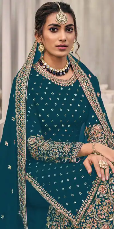 Teal Georgette Embroidery Lace Work Salwar Suit