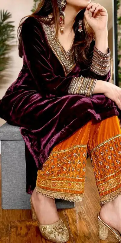 Alternative view of Wine Velvet Mirror Embroidery Work Salwar Suit