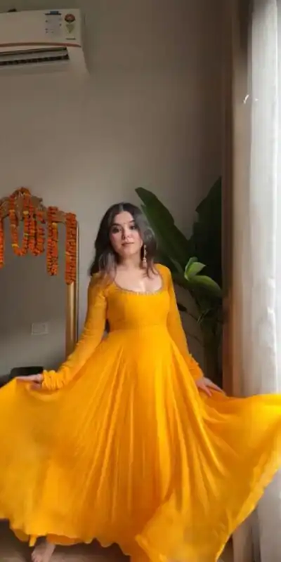 RTC 5935 Yellow Faux Georgette Gown with Lace Work. Wedding, Party, Festive, Events Exclusive Offer ₹2049. Delivery 4-6 Working Days. Shop now. | Gowns, Bollywood Gowns, Creative Gowns, Designer Gowns, Embroidered Gowns, Party Wear Gowns