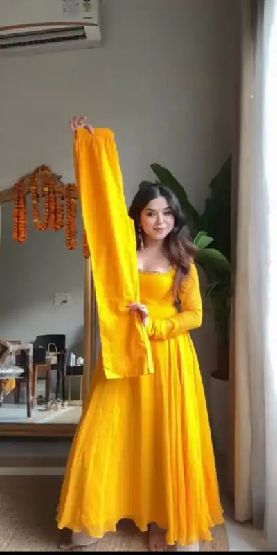 RTC 5935 Yellow Faux Georgette Gown with Lace Work. Wedding, Party, Festive, Events Exclusive Offer ₹2049. Delivery 4-6 Working Days. Shop now. | Gowns, Bollywood Gowns, Creative Gowns, Designer Gowns, Embroidered Gowns, Party Wear Gowns