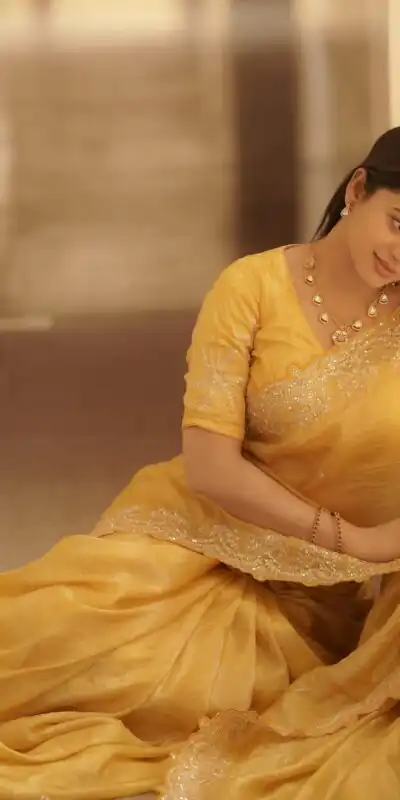 Alternative view of Yellow Soft Gold Crush Embroidery Work Saree