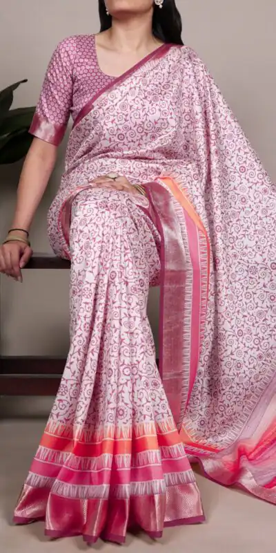 Light Pink Tasar Silk With Printed Viscose Border Saree