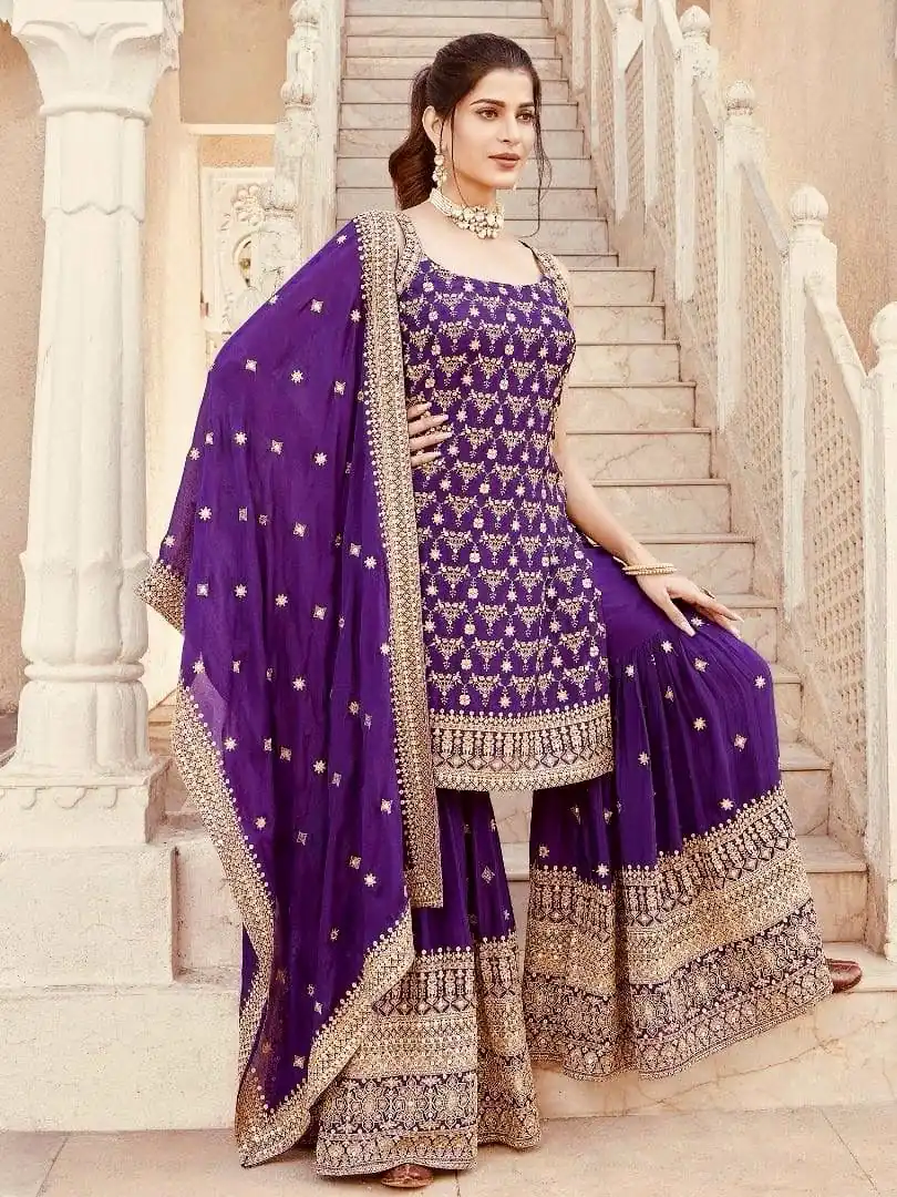 Purple Faux Georgette thread Lace Work Salwar Suit
