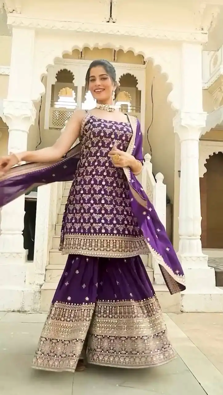 Purple Faux Georgette thread Lace Work Salwar Suit - Image 2