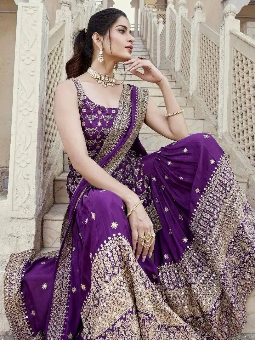 Purple Faux Georgette thread Lace Work Salwar Suit - Image 4