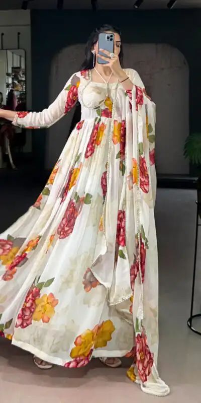 Alternative view of White Chiffon Floral Print Lace Work Gown