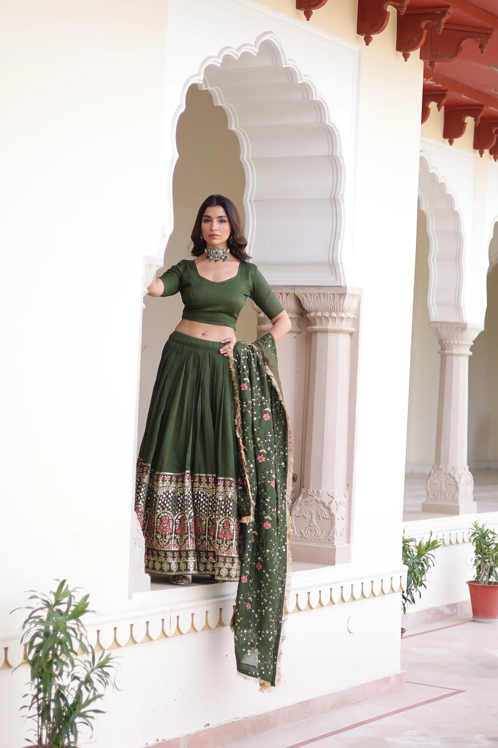 Green Vichitra Silk With Embroider Lehenga Choli - Image 5