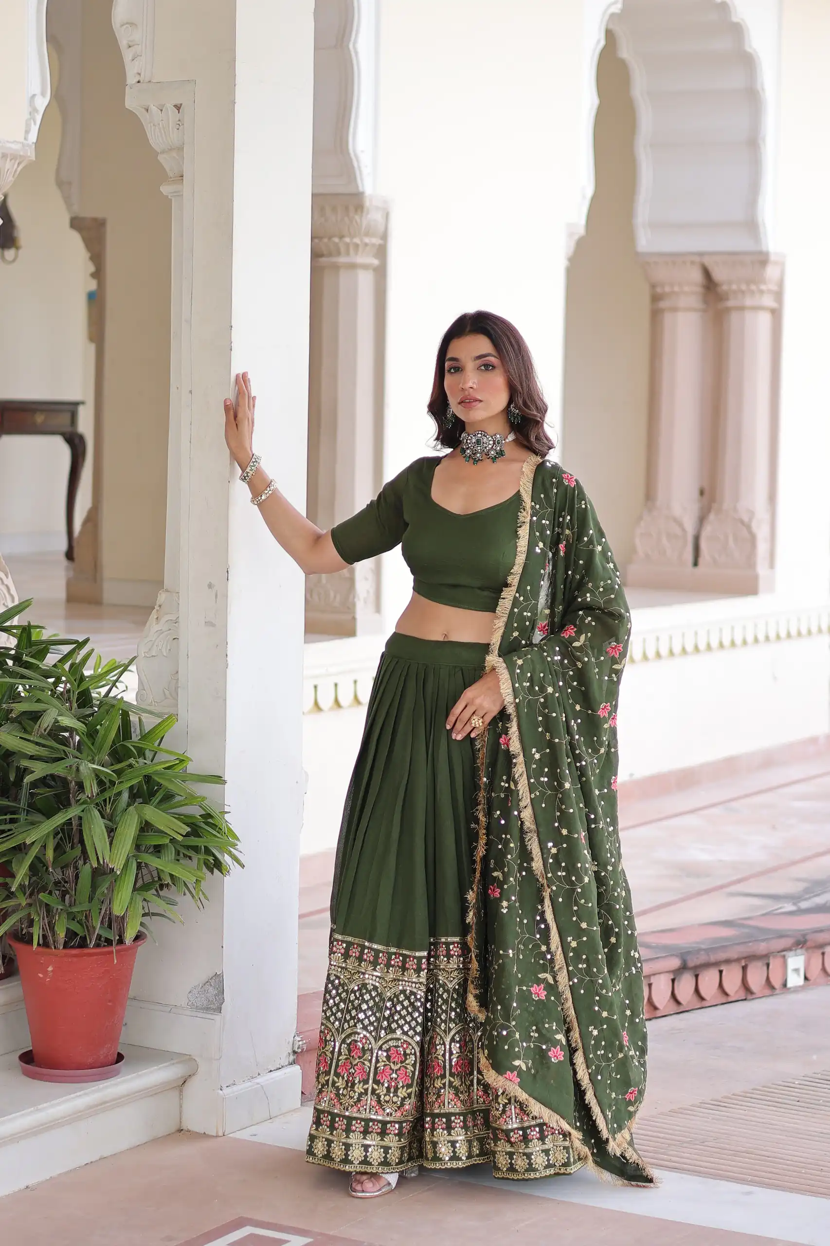 Green Vichitra Silk With Embroider Lehenga Choli - Image 7