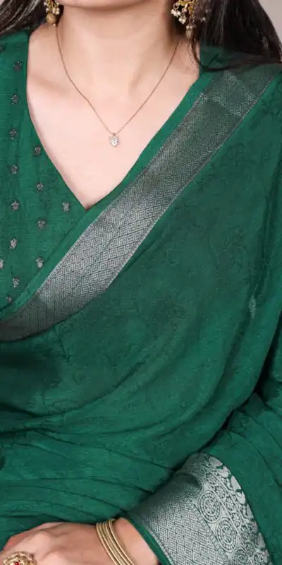 Alternative view of Green Chinon Zari Weaving Work Saree