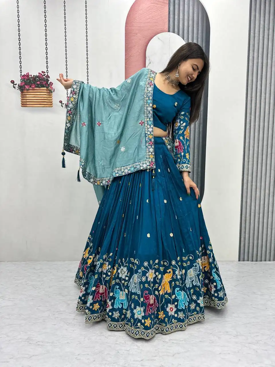 Peacock Blue Vichitra Silk Lace Border Work Lehenga Choli - Image 2