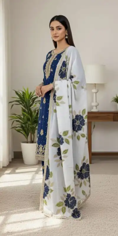 Alternative view of Navy Blue Organza Silk Lace Embroidery Work Salwar Suit