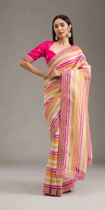 Pink Chinon Silk Embroidery Cut Work Saree