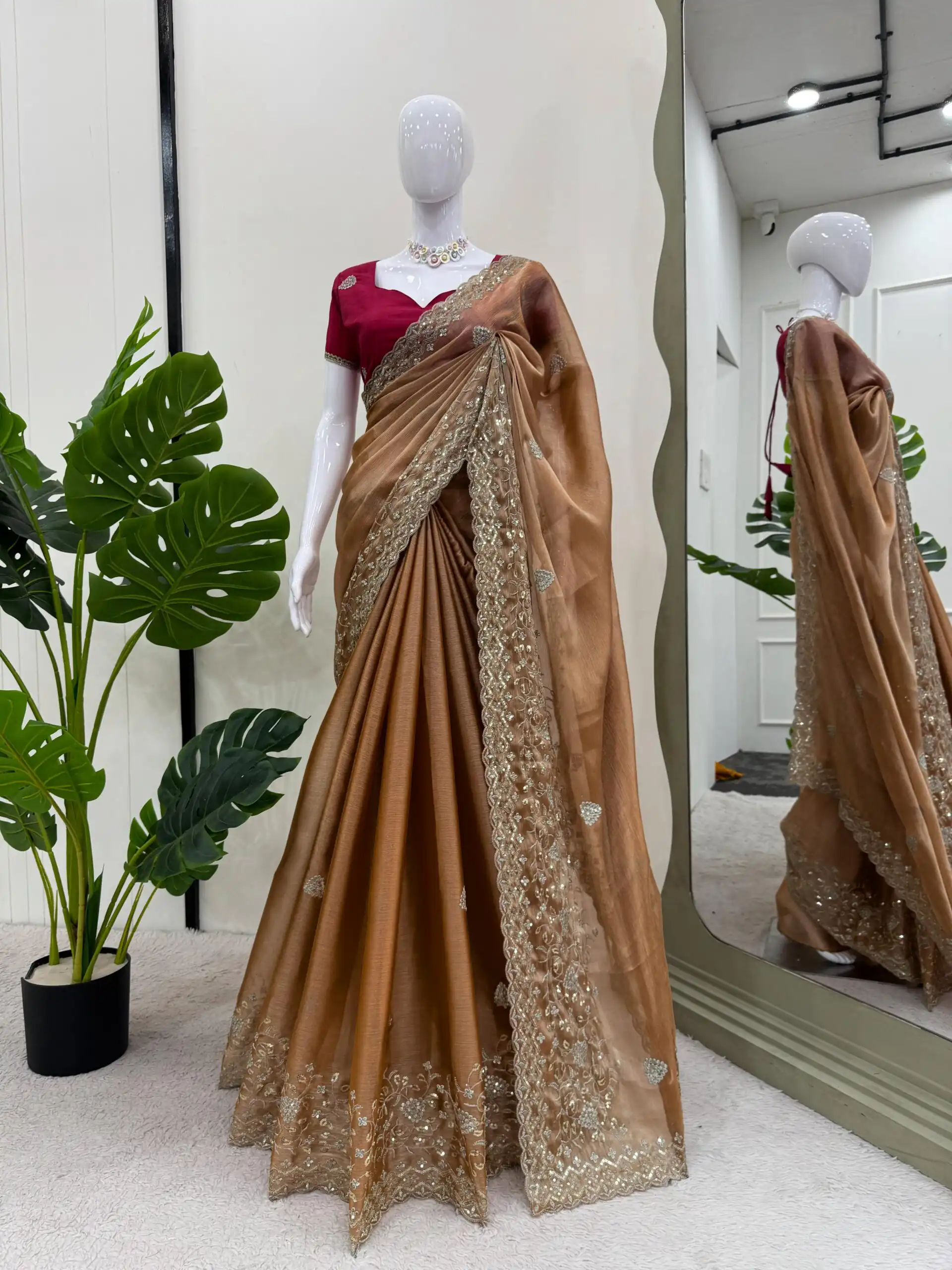 Brown Burberry Silk Sequence Work Saree - Image 2
