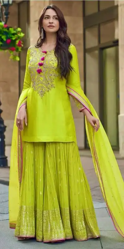 Alternative view of Lime Yellow Faux Georgette Embroidery Work Salwar Suit