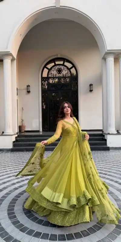 Alternative view of Green Butterfly Net Sequence Work Lehenga Choli