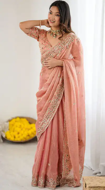Peach Fandy Chiffon Embroidery Cut Work Saree