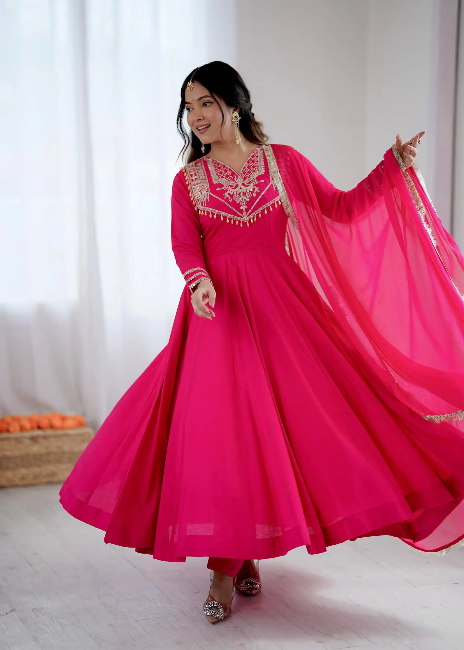 Pink Roman Silk Lace Work Border Gown - Image 4