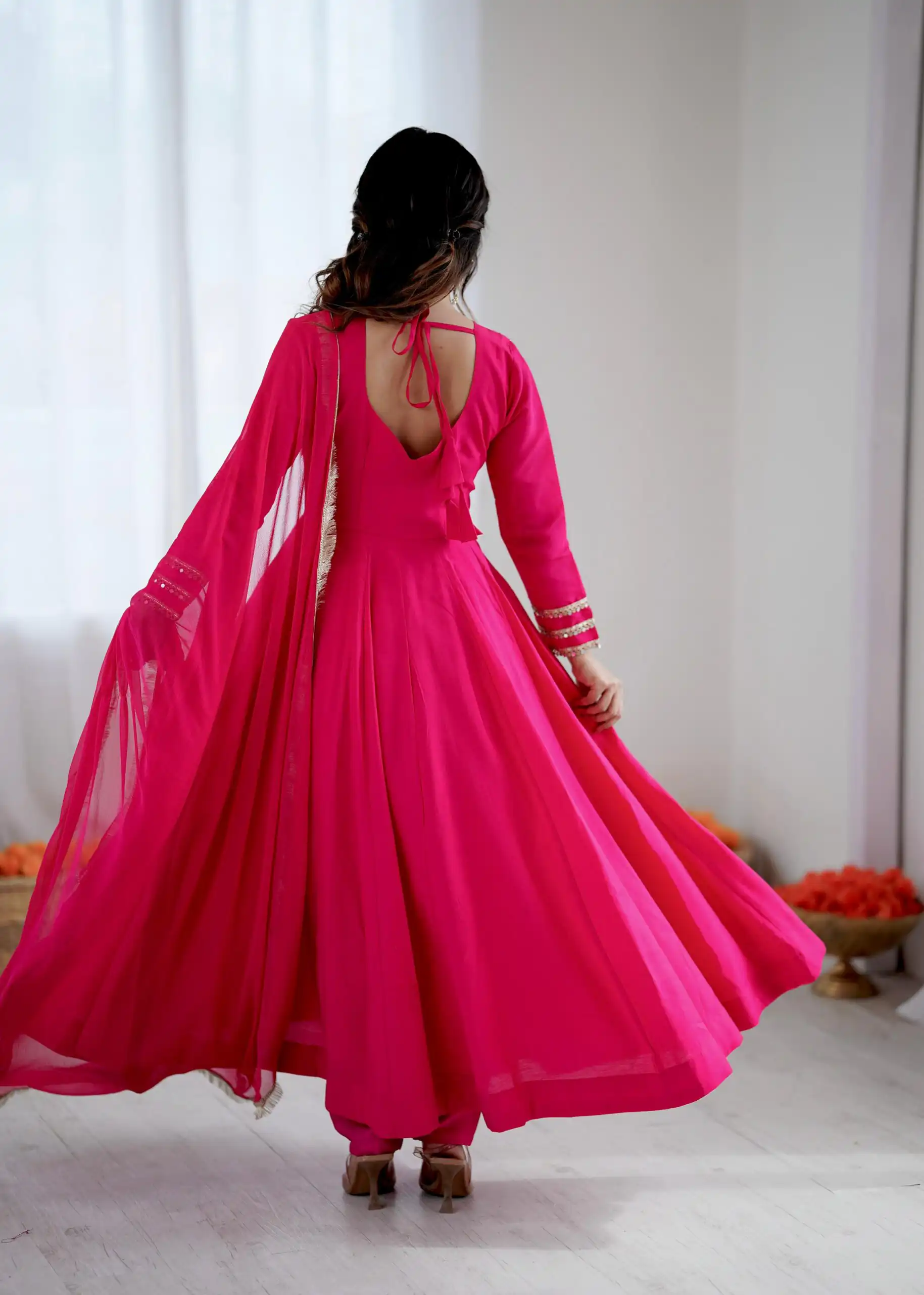 Pink Roman Silk Lace Work Border Gown - Image 6