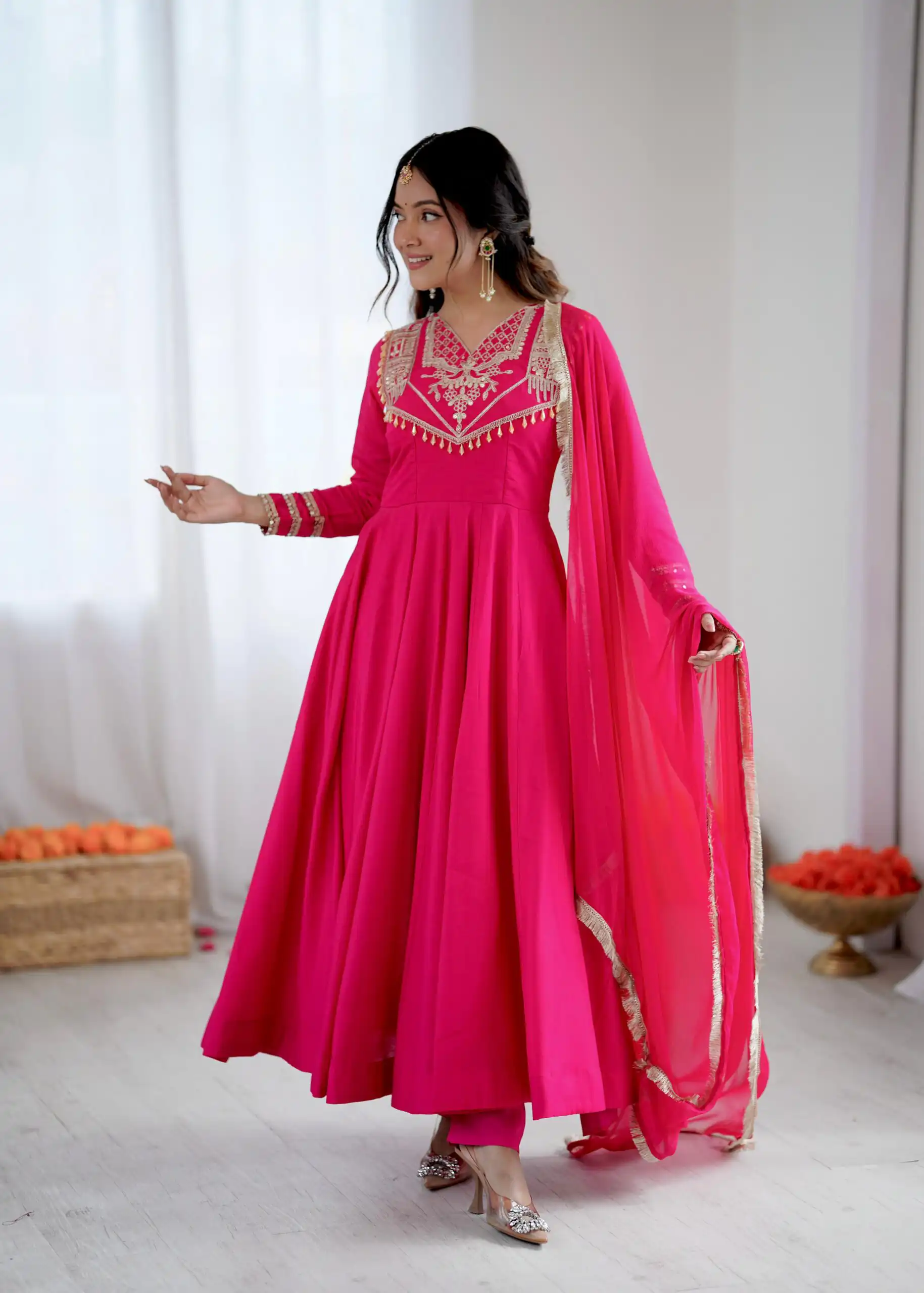 Pink Roman Silk Lace Work Border Gown - Image 8