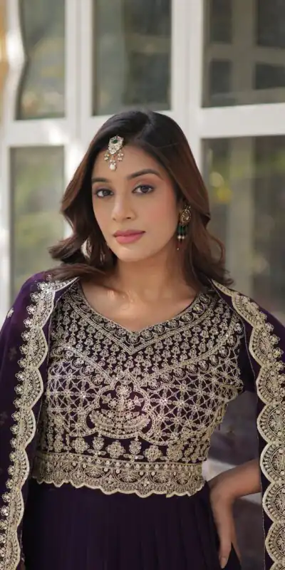 Alternative view of Wine Faux Blooming Embroidery Zari Work Gown