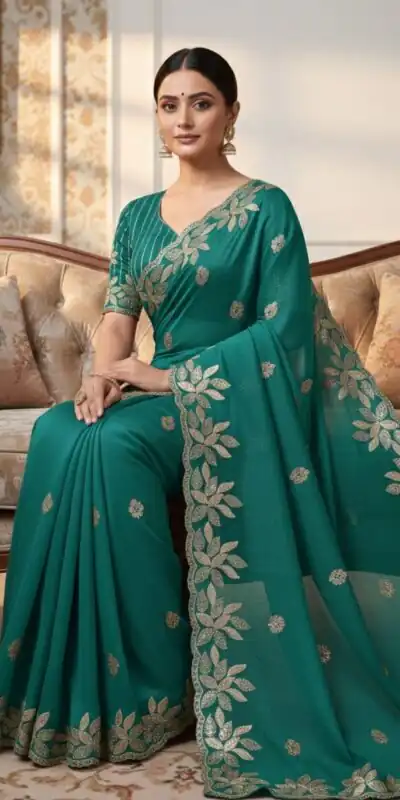 Alternative view of Teal Soft Organza Silk With Sequins Work Saree