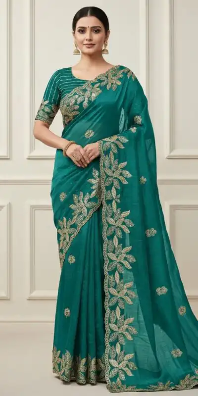 Teal Soft Organza Silk With Sequins Work Saree
