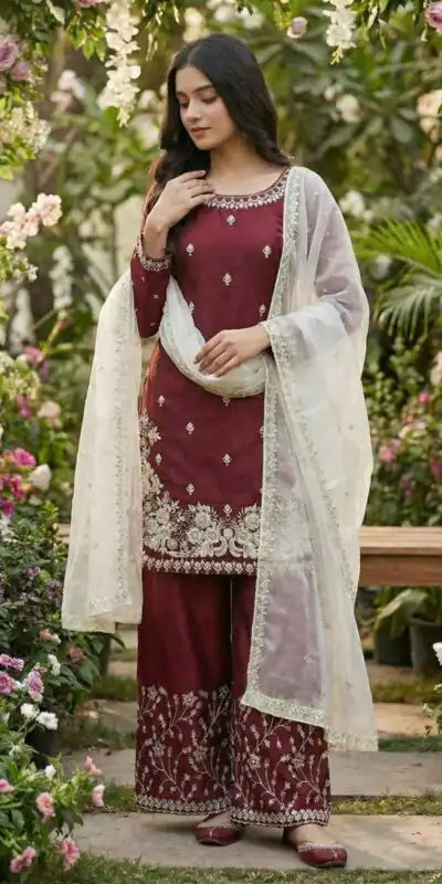 Alternative view of Maroon Organza Silk Lace Embroidery Work Salwar Suit