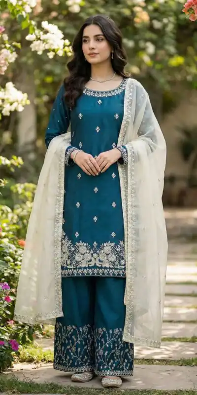 Alternative view of Teal Organza Silk Lace Embroidery Work Salwar Suit